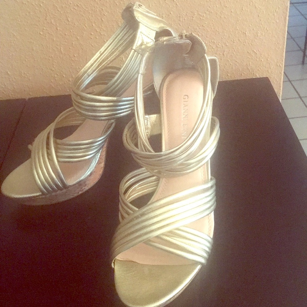 Gianni Bini Strappy Cork Heel Metallic Gold Shoes